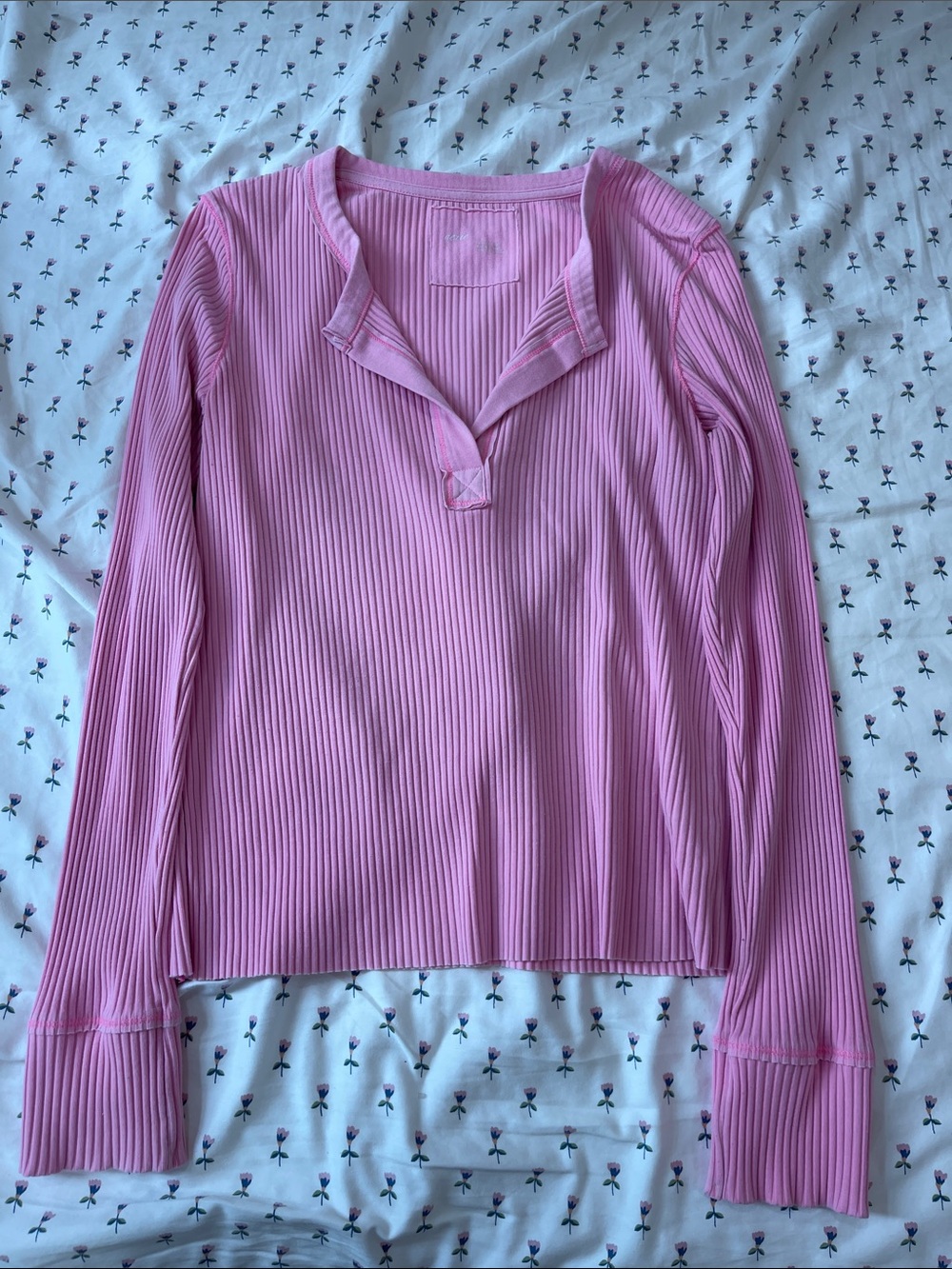aerie Pink Ribbed Long-Sleeve V-Neck Top